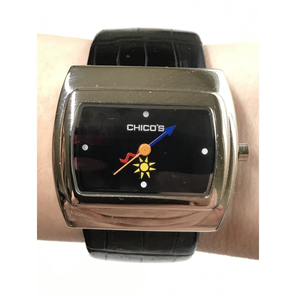 CHICO'S Watch Black Faux Alligator Clamp Band New Battery Silver Tone Colorful